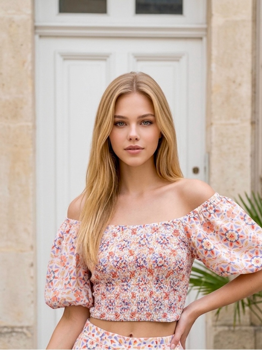 dolan Smocked Off-Shoulder Crop Top - White, Orange, Blue